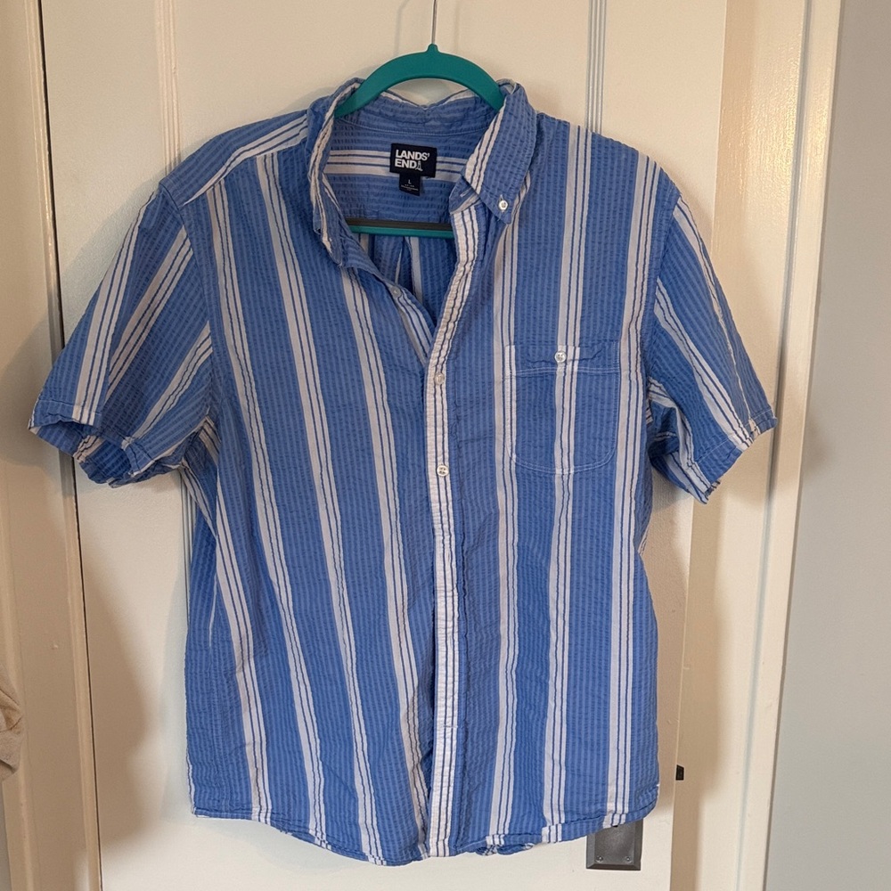 Lands' End Men's Casual Blue and White Striped Shirt